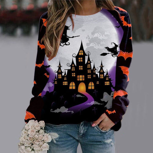 Halloween Cartoon Print Sweatshirt Long Sleeve Pullover Tops Women | Crimson Medea