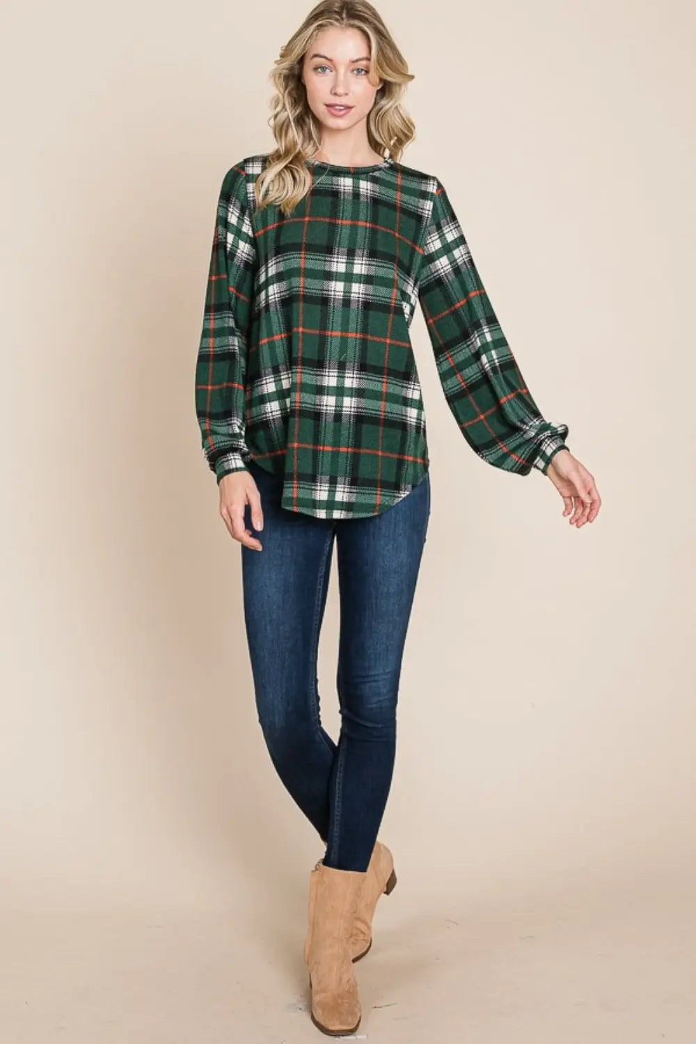 BOMBOM Curved Hem Plaid Round Neck Long Sleeve Top | Stylish Casual Tee | Jade Icarus