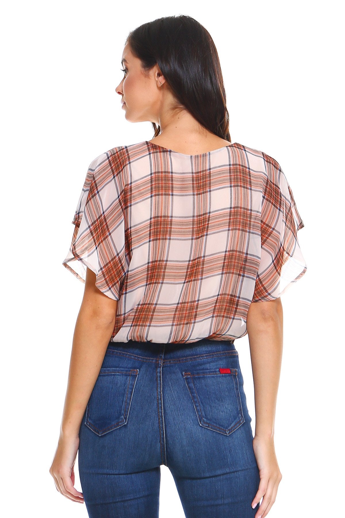Plaid V-Neck Tie-Front Blouse with Flutter Sleeves | Women’s Stylish Top | Indigo Arrowwood