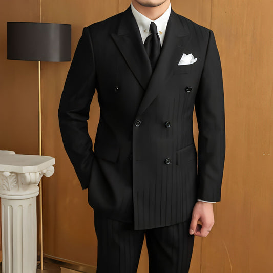 VestraForm™ – Handsome Black Double-Breasted Pinstripe Suit (2 Piece