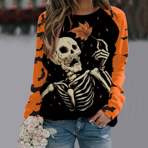 Halloween Cartoon Print Sweatshirt Long Sleeve Pullover Tops Women | Crimson Medea