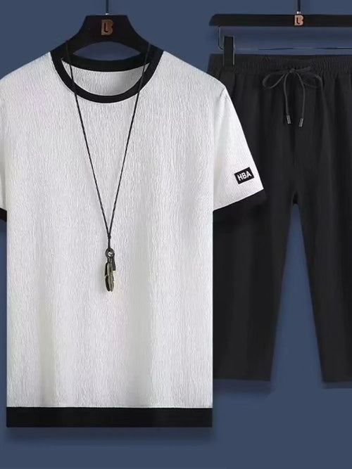 Men's Plus Size Round Neck Short Sleeve Top and Shorts Set