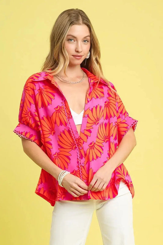 Umgee Printed Button-Up Relaxed Shirt | Tropical Pink & Orange Floral Blouse | Jade Icarus