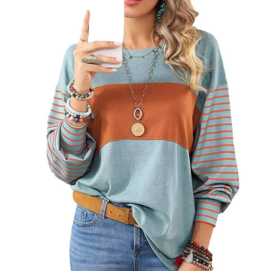 Womens Long Sleeve Pullover Tops Striped Basic T-shirt | Color Block Casual Tee | Peach Castor