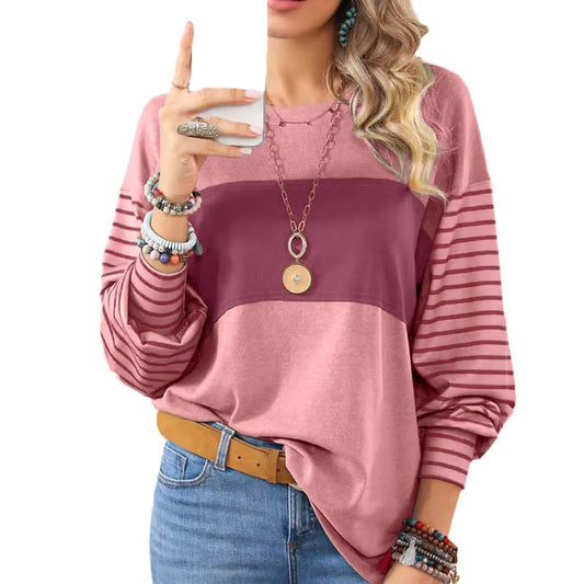 Womens Long Sleeve Pullover Tops Striped Basic T-shirt | Color Block Casual Tee | Peach Castor