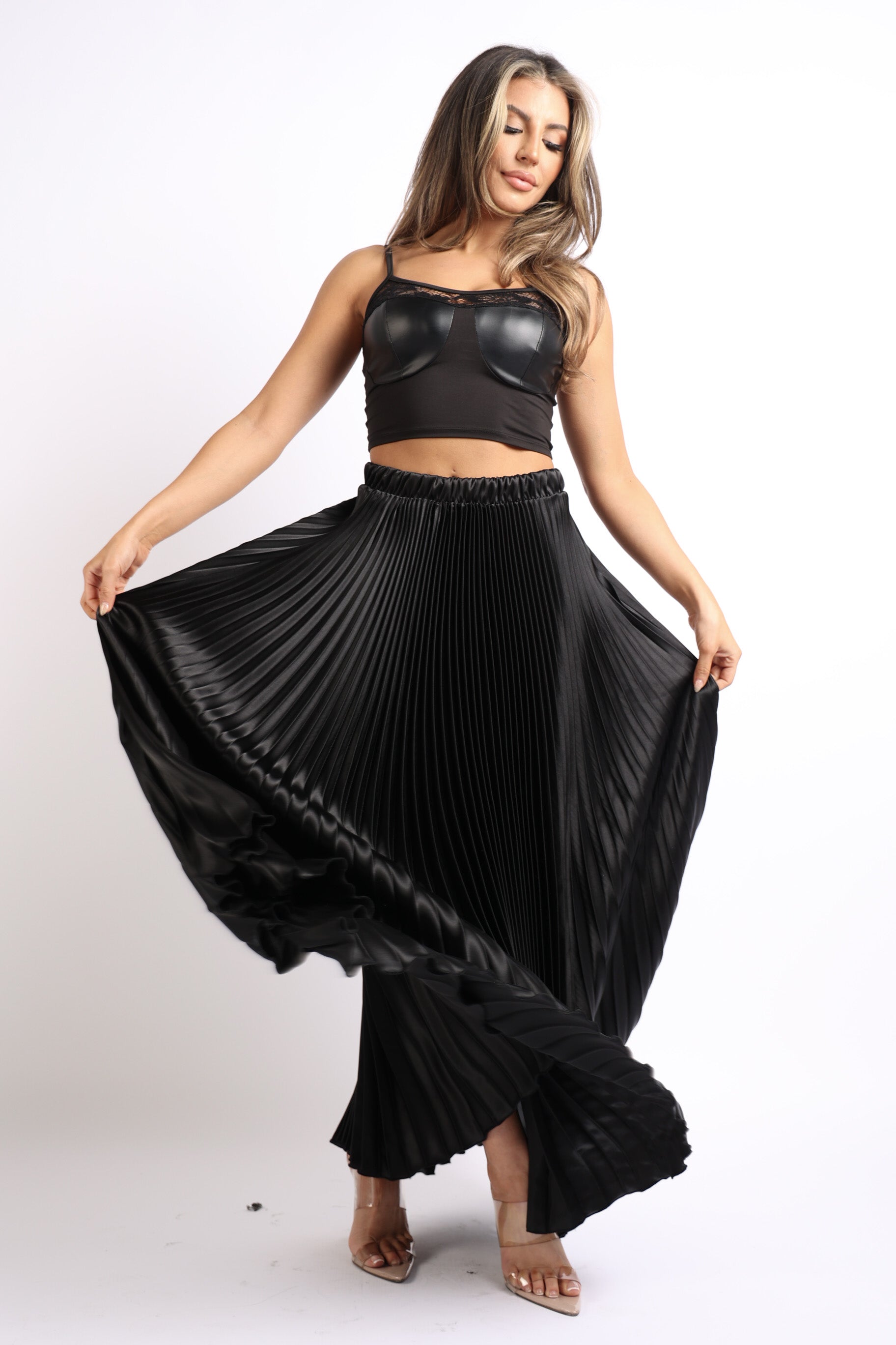 Elastic High Waist A-Line Pleated Satin Maxi Skirt BLACK | Puce Juniper