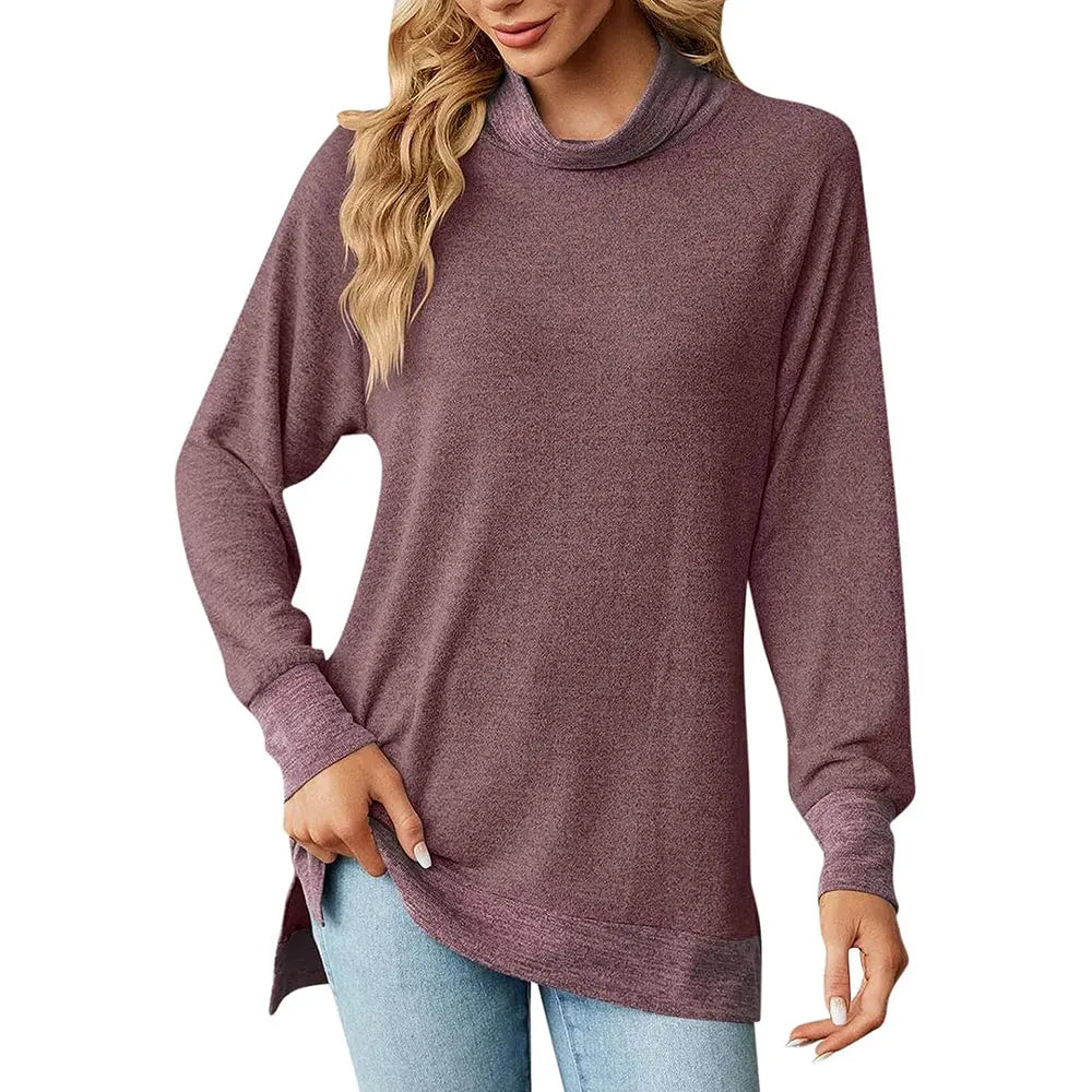 Womens Turtleneck Long Sleeve Slit T Shirt – High Collar Loose Top | Casual & Dressy | Peach Castor