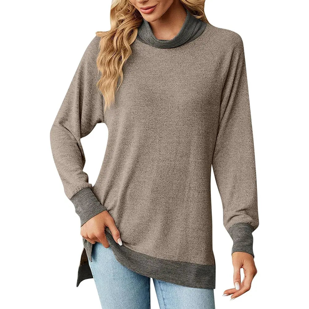Womens Turtleneck Long Sleeve Slit T Shirt – High Collar Loose Top | Casual & Dressy | Peach Castor