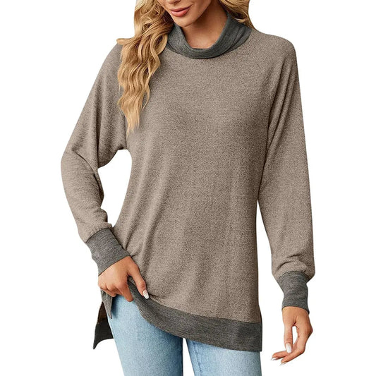 Womens Turtleneck Long Sleeve Slit T Shirt – High Collar Loose Top | Casual & Dressy | Peach Castor