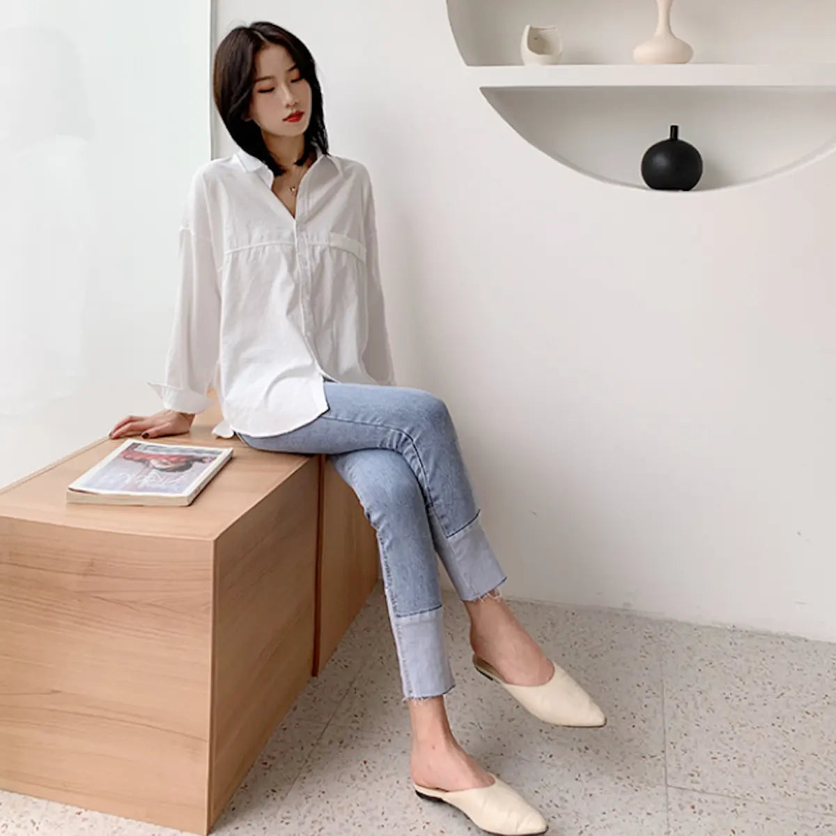 Women’s Relaxed Fit Longline Shirt – Casual Street Fashion, Long Sleeve, White | Yellow Pandora