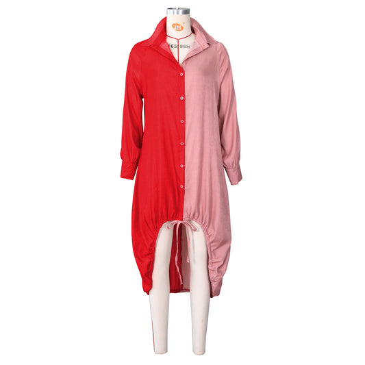 LOOSE LONG SLEEVE DENIM DRESSES-RED