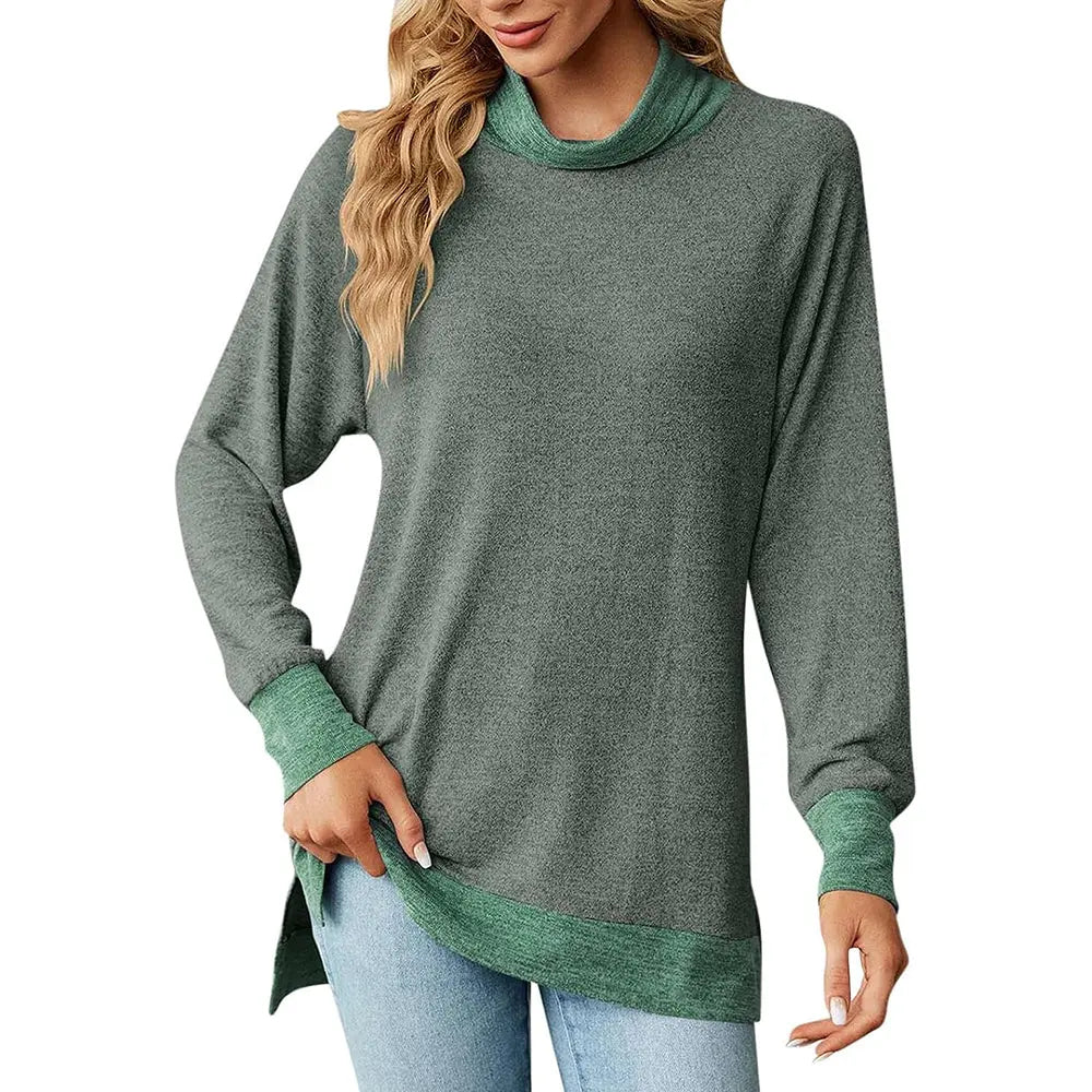 Womens Turtleneck Long Sleeve Slit T Shirt – High Collar Loose Top | Casual & Dressy | Peach Castor