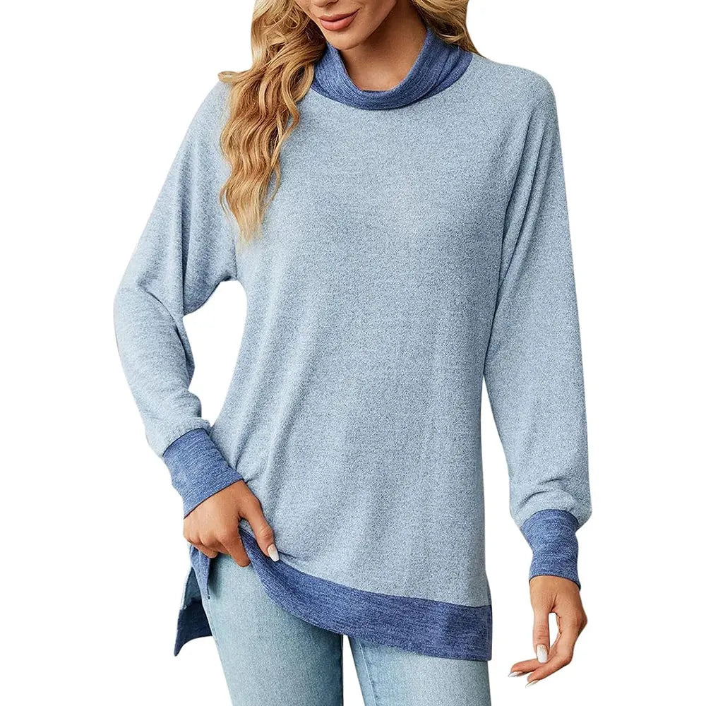 Womens Turtleneck Long Sleeve Slit T Shirt – High Collar Loose Top | Casual & Dressy | Peach Castor
