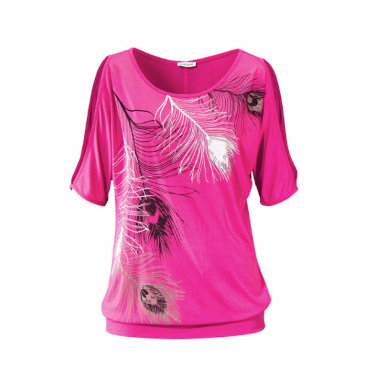 Womens Cut Shoulder Casual T-Shirt with Feather Print | Loose Fit Summer Top | Yellow Pandora