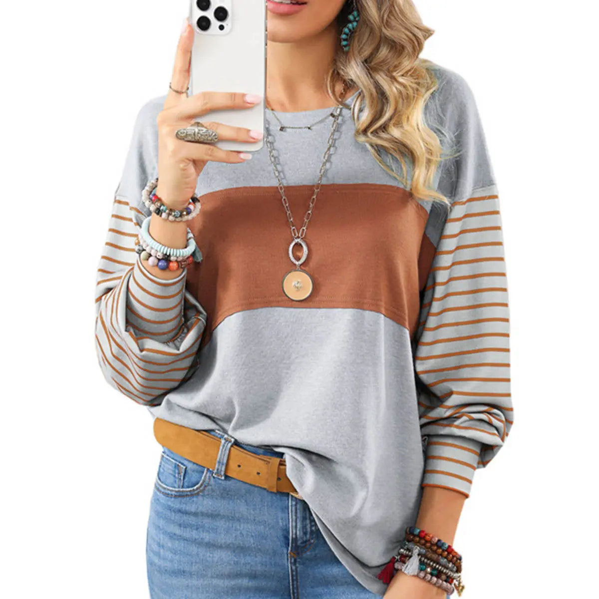 Womens Long Sleeve Pullover Tops Striped Basic T-shirt | Color Block Casual Tee | Peach Castor