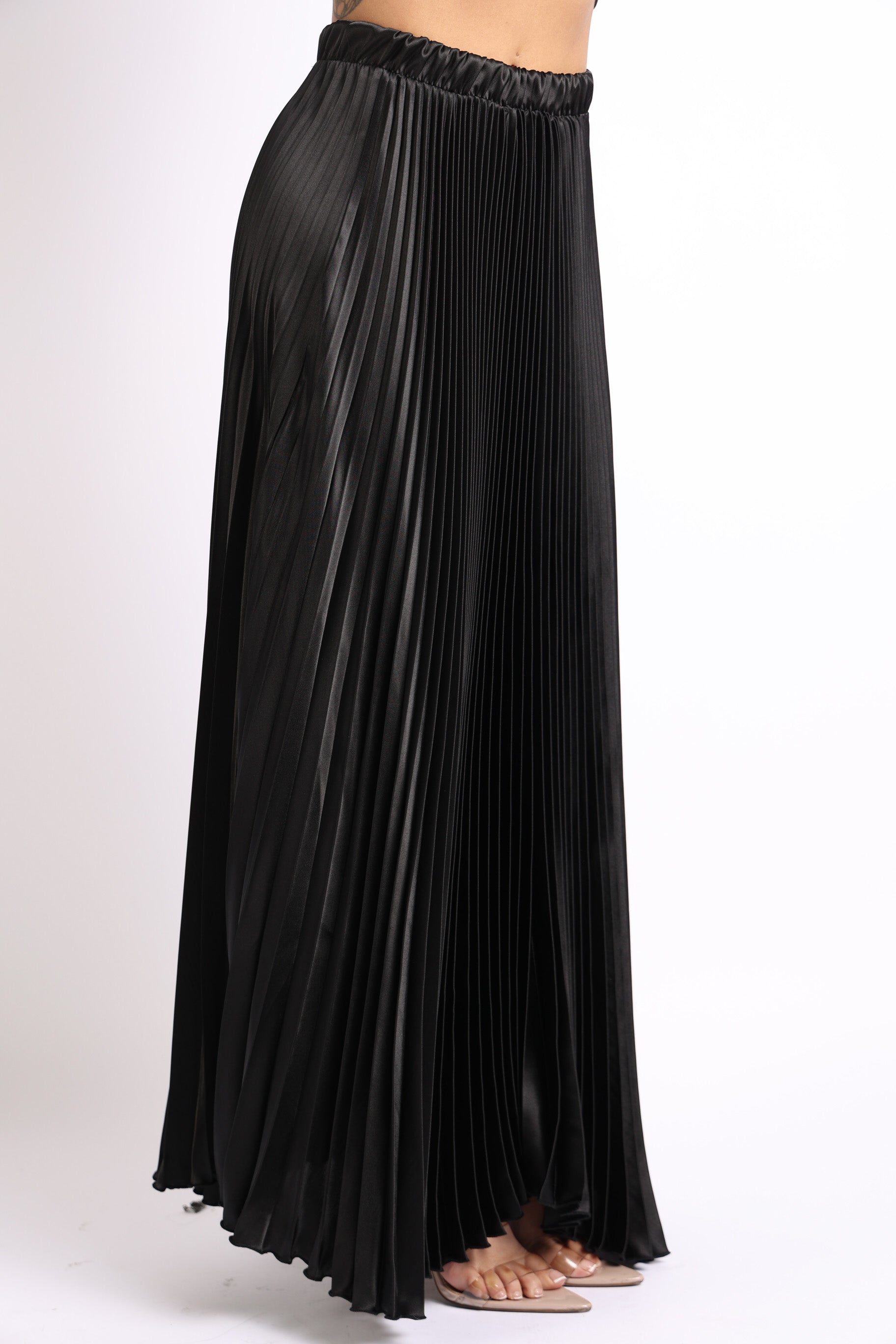 Elastic High Waist A-Line Pleated Satin Maxi Skirt BLACK | Puce Juniper