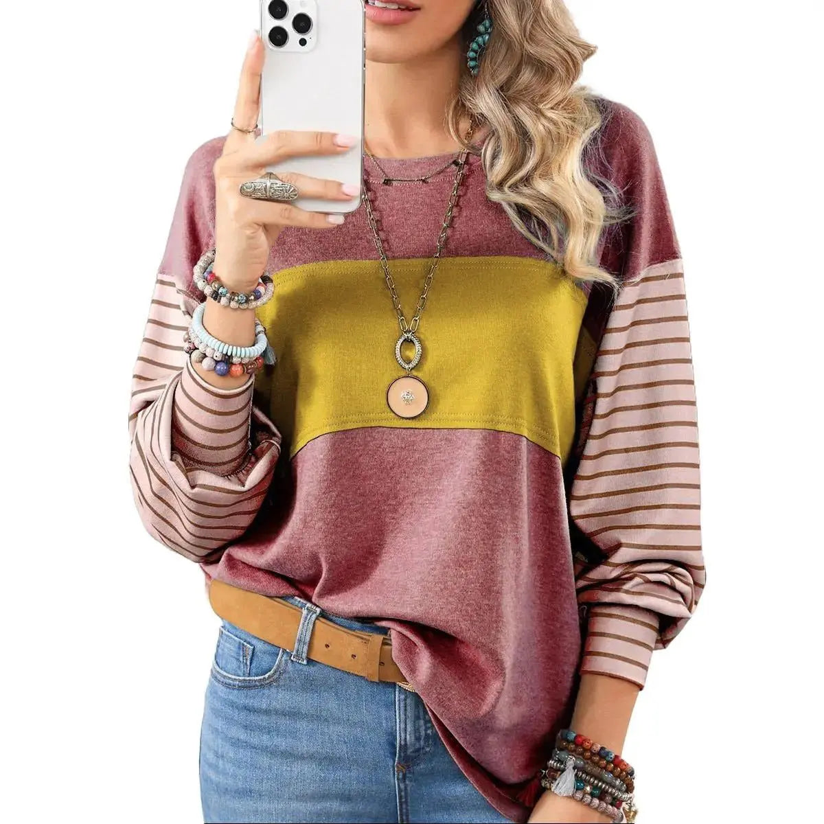 Womens Long Sleeve Pullover Tops Striped Basic T-shirt | Color Block Casual Tee | Peach Castor