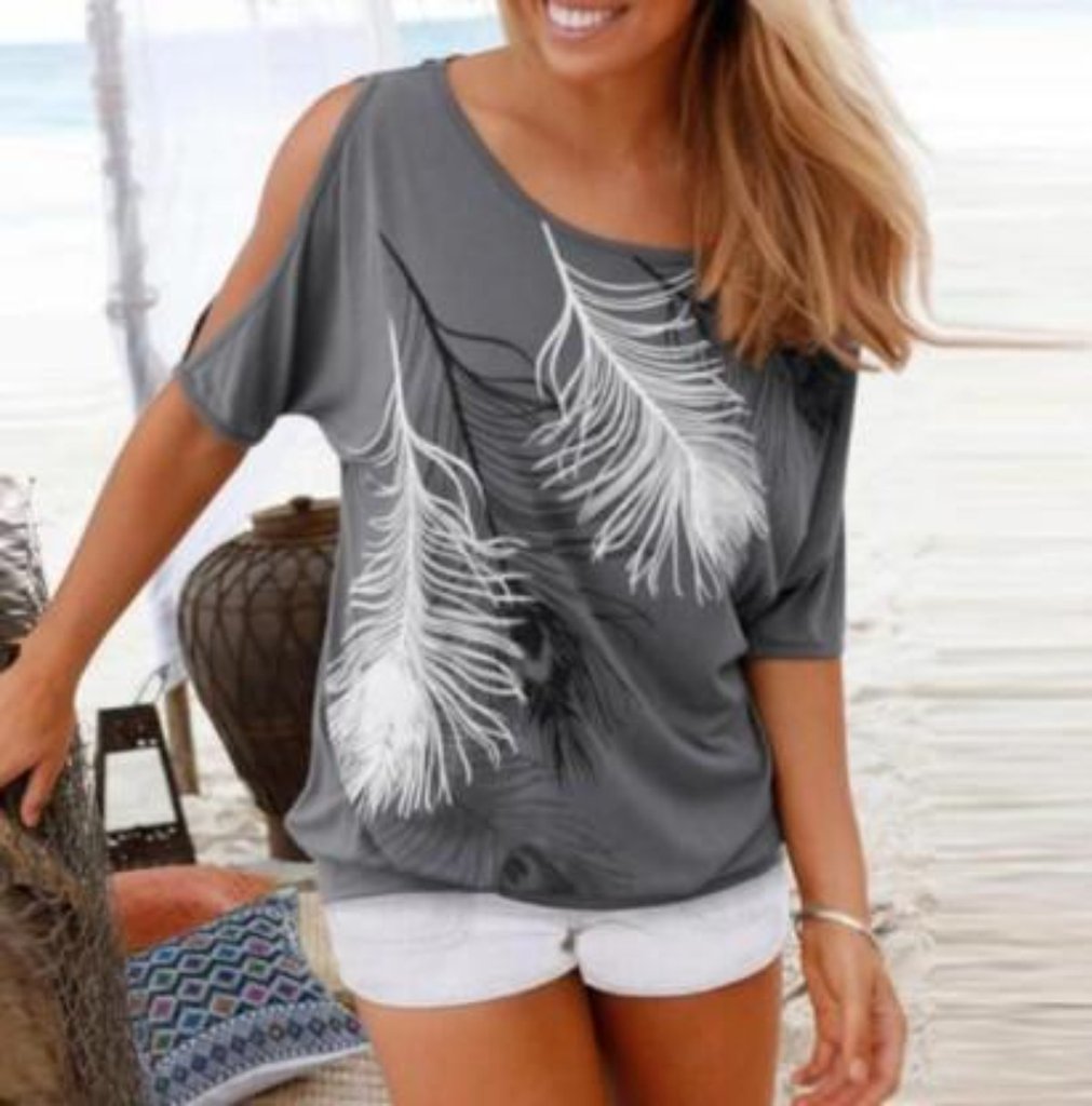 Womens Cut Shoulder Casual T-Shirt with Feather Print | Loose Fit Summer Top | Yellow Pandora