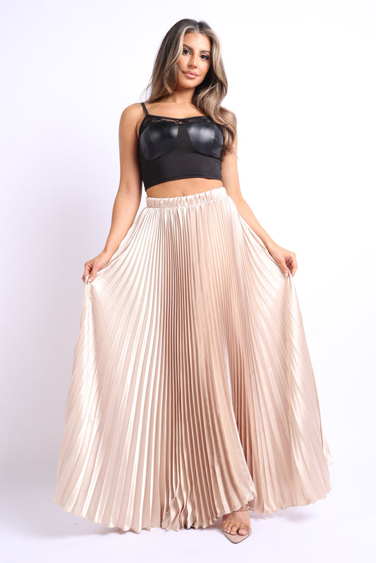 Elastic High Waist A-Line Pleated Satin Maxi Skirt TAUPE | Puce Juniper
