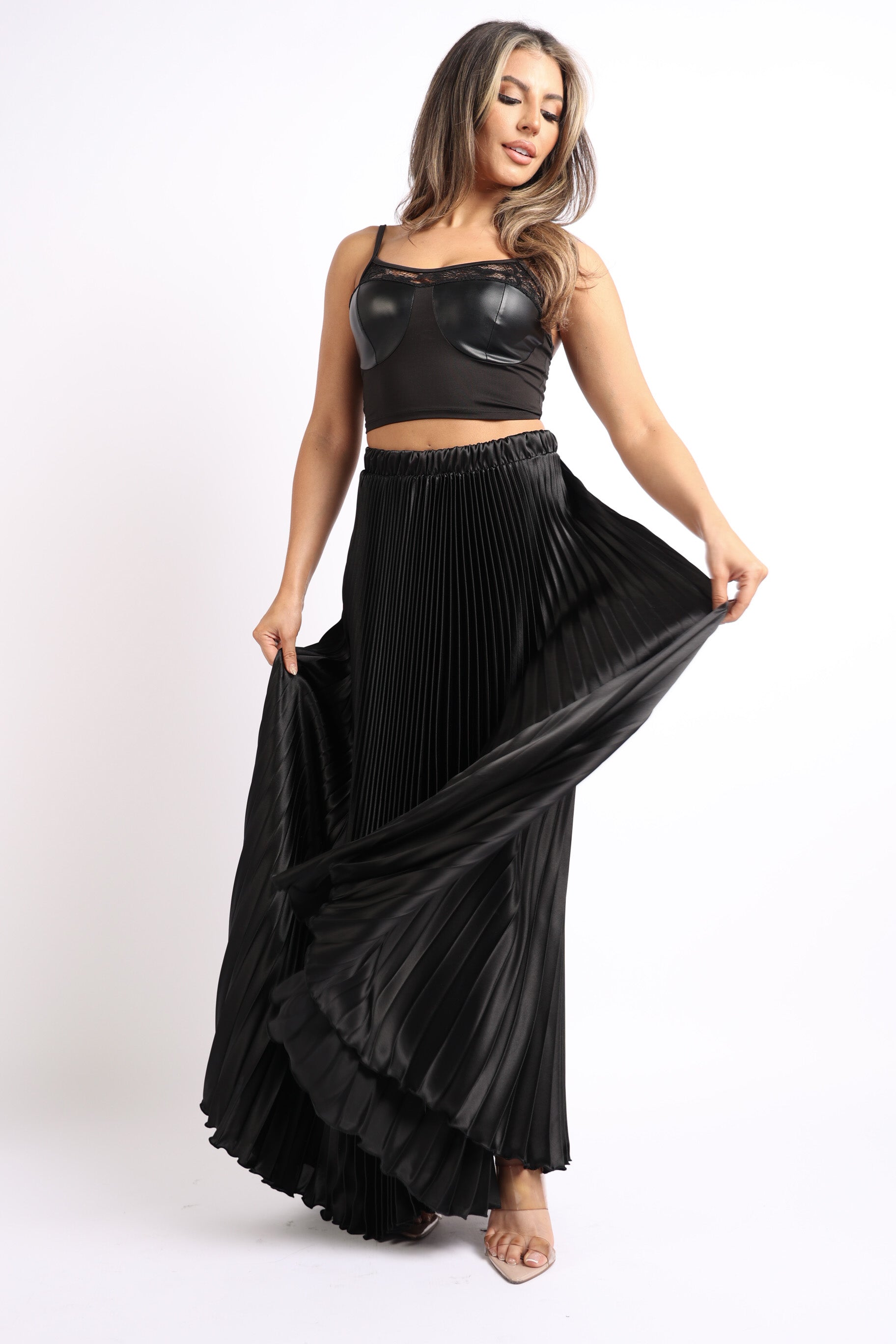 Elastic High Waist A-Line Pleated Satin Maxi Skirt BLACK | Puce Juniper