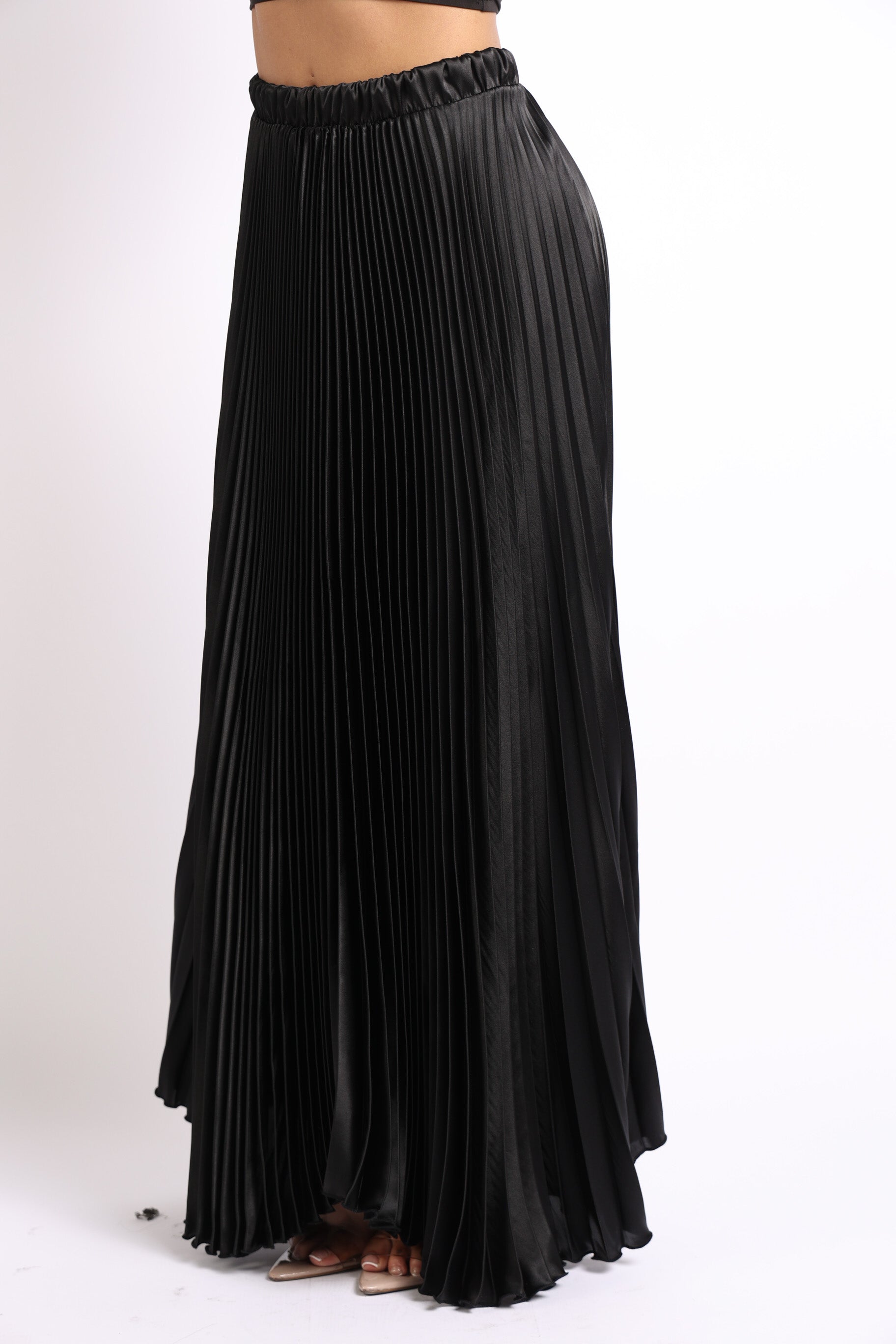 Elastic High Waist A-Line Pleated Satin Maxi Skirt BLACK | Puce Juniper