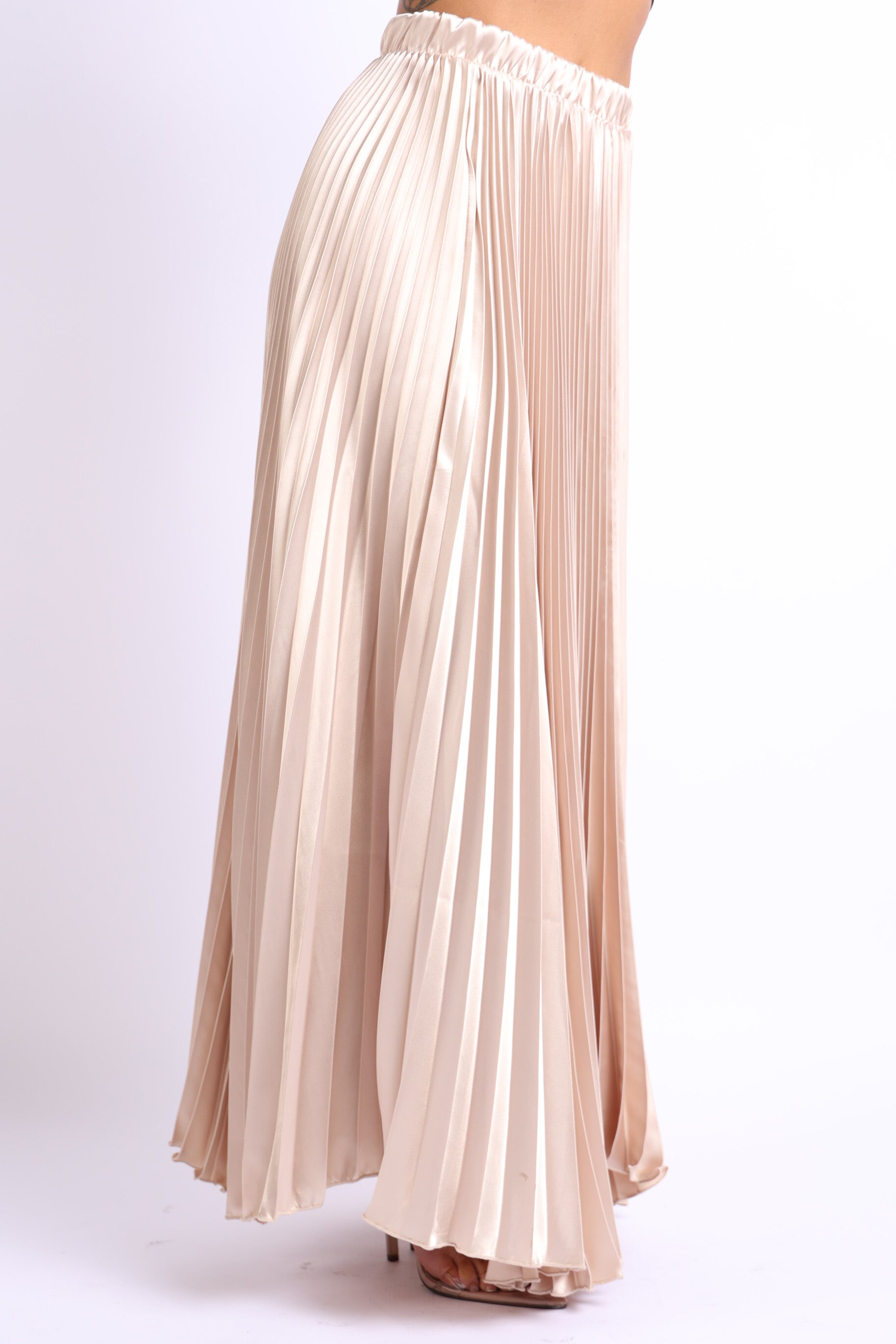 Elastic High Waist A-Line Pleated Satin Maxi Skirt TAUPE | Puce Juniper