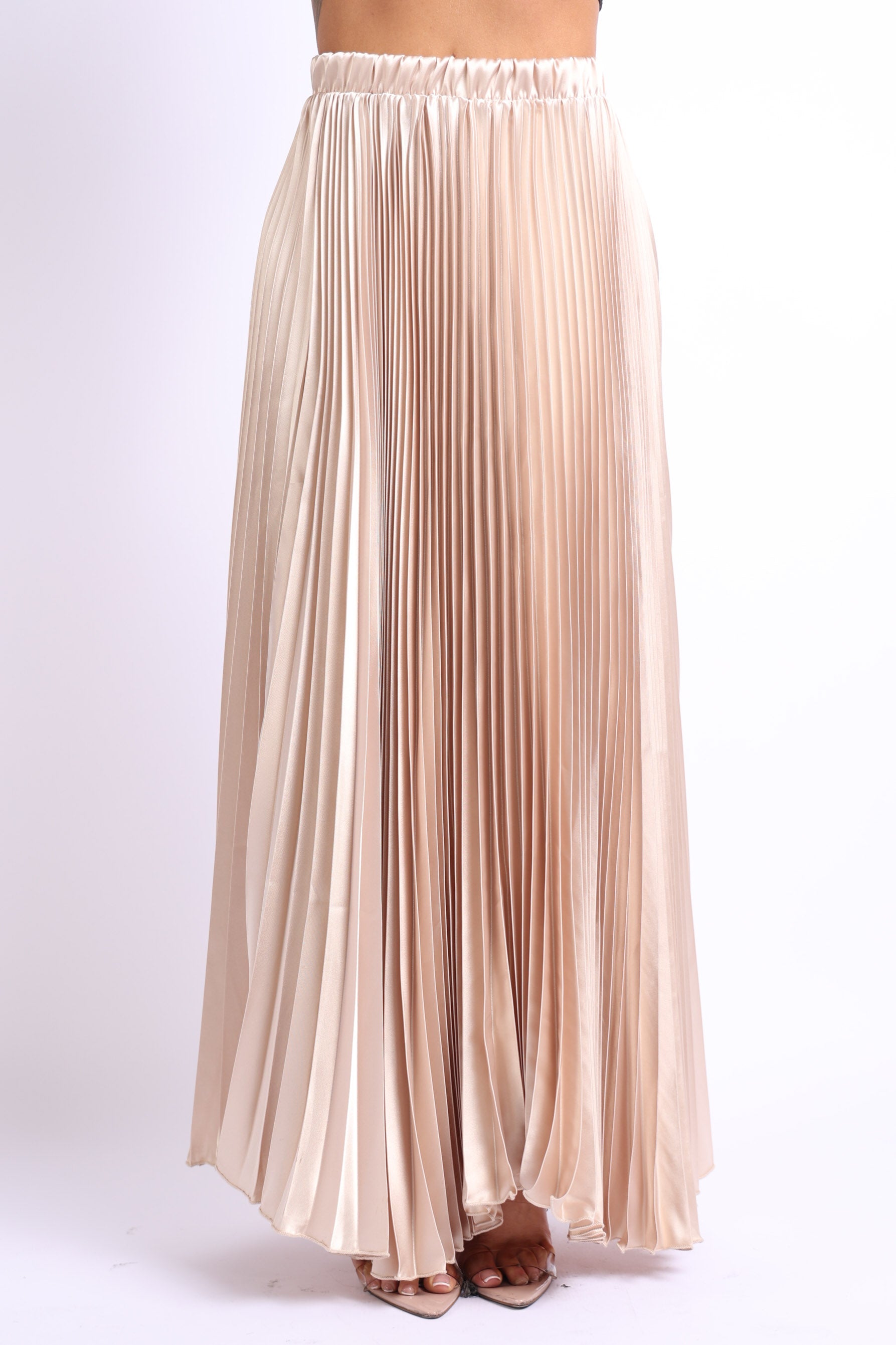 Elastic High Waist A-Line Pleated Satin Maxi Skirt TAUPE | Puce Juniper