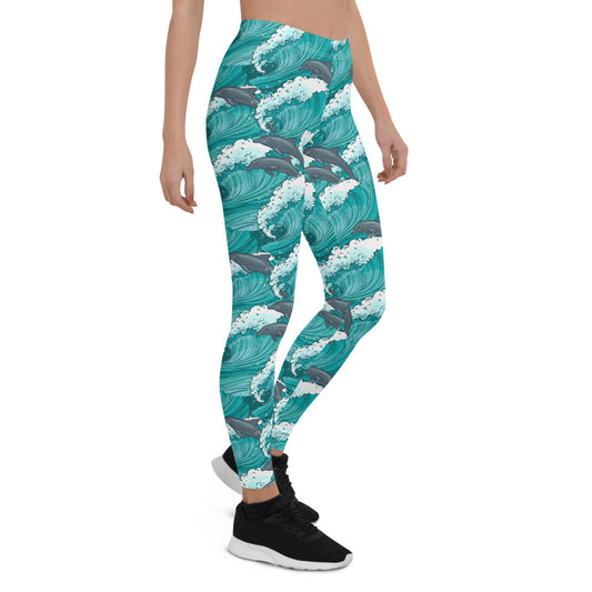 Womens Dolphin and Waves Leggings | Maroon Sooty