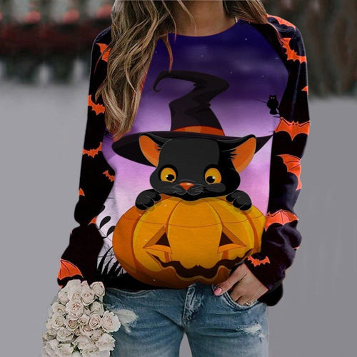 Halloween Cartoon Print Sweatshirt Long Sleeve Pullover Tops Women | Crimson Medea