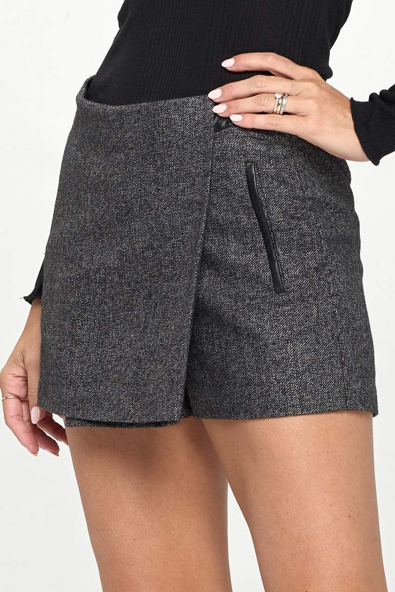 Asymmetrical Wrap Mini Skort with Faux Leather Trim | Indigo Arrowwood