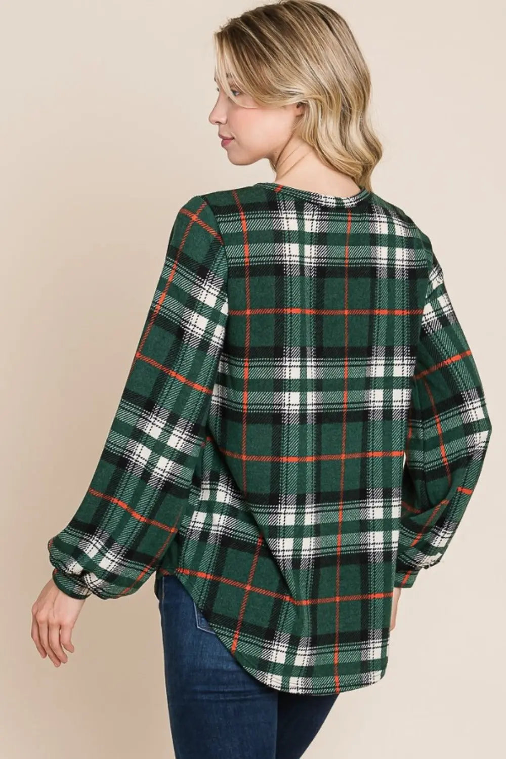 BOMBOM Curved Hem Plaid Round Neck Long Sleeve Top | Stylish Casual Tee | Jade Icarus