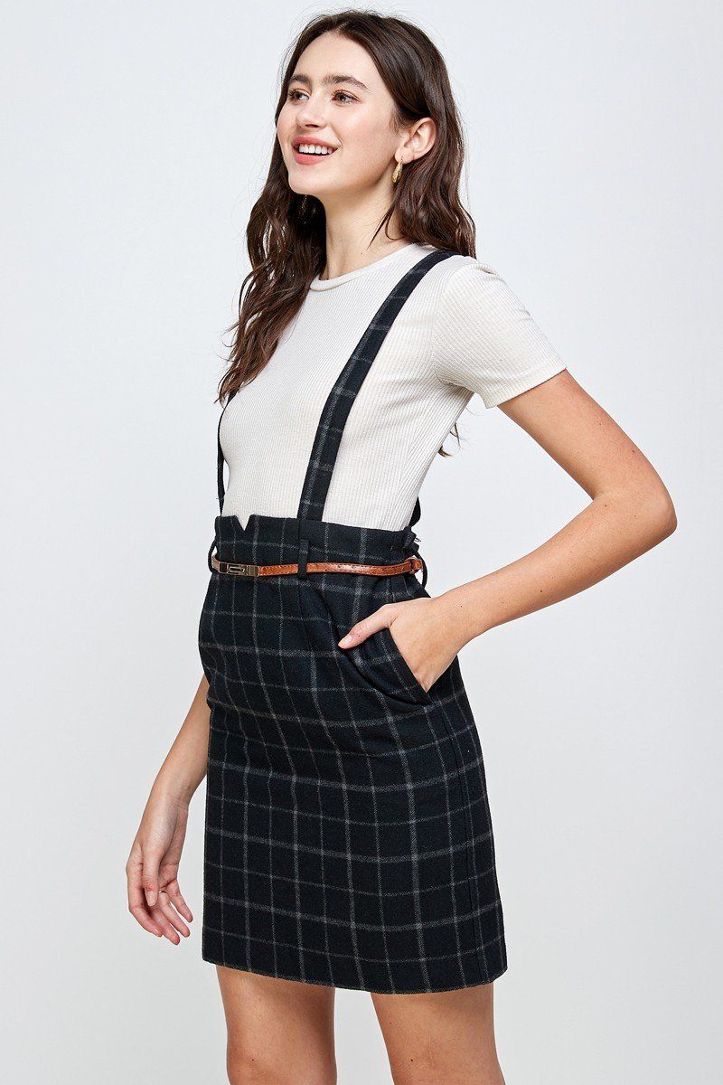 Plaid Suspender Skirt with Belt Detail | Indigo Arrowwood