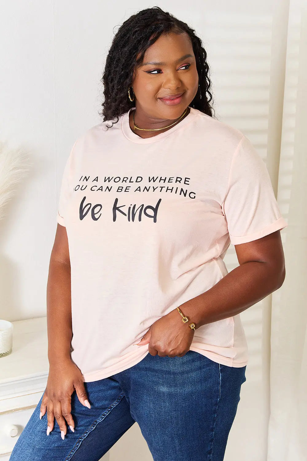 Simply Love Slogan Graphic Cuffed T-Shirt – Be Kind Statement Tee | Crimson Medea