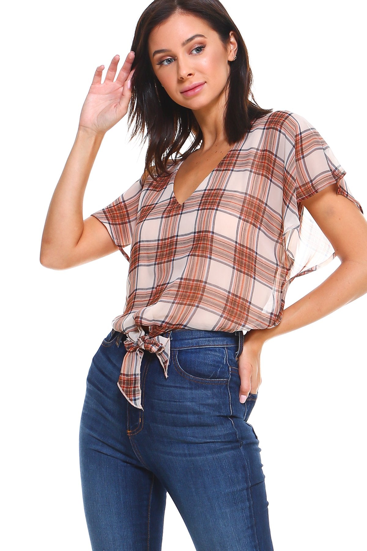 Plaid V-Neck Tie-Front Blouse with Flutter Sleeves | Women’s Stylish Top | Indigo Arrowwood