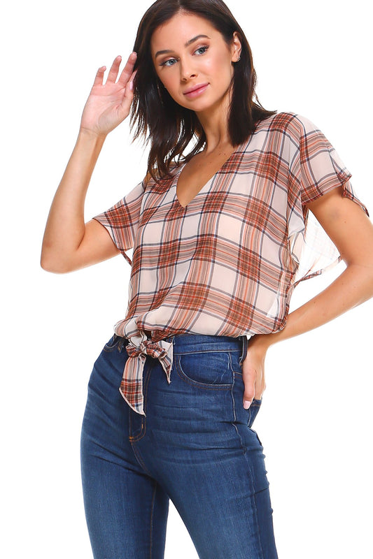 Plaid V-Neck Tie-Front Blouse with Flutter Sleeves | Women’s Stylish Top | Indigo Arrowwood