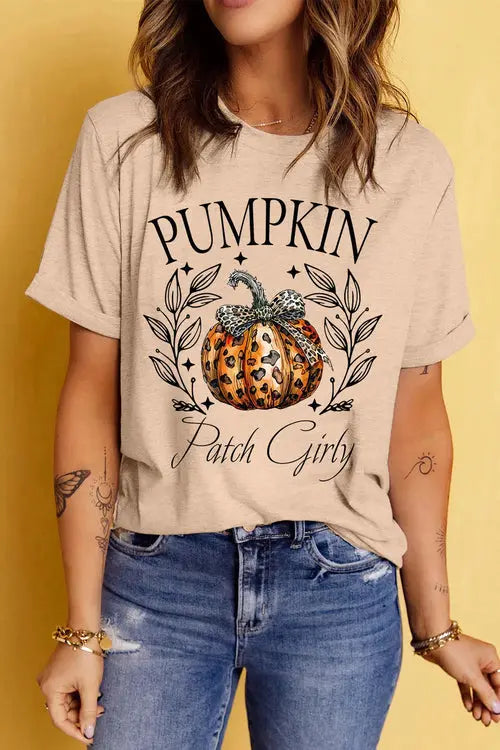 Pumpkin Graphic Round Neck Short Sleeve T-Shirt | Fall Casual Tee | Crimson Medea