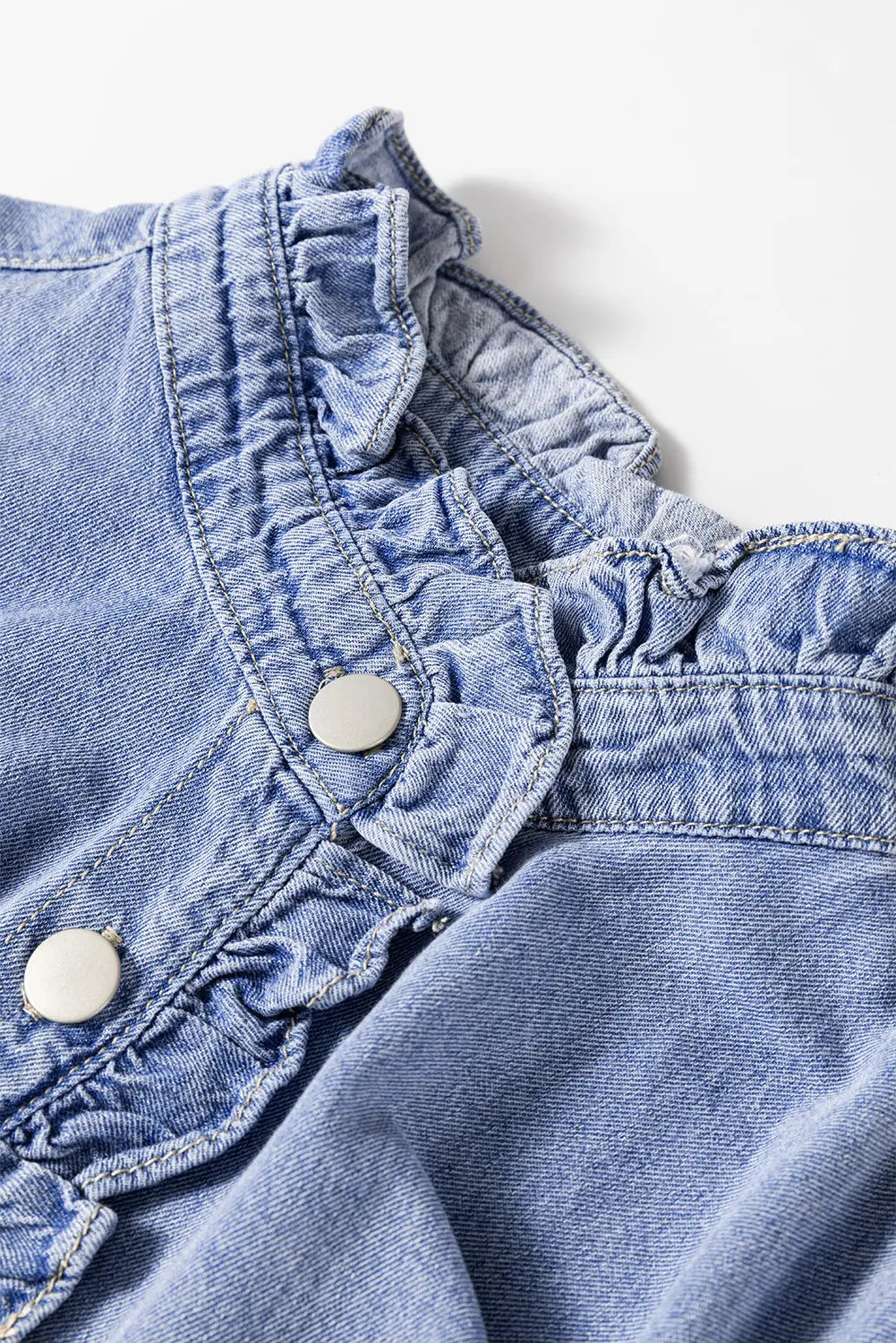Beau Blue Ruffled Long Sleeve Buttoned Denim Shirt | Classic & Feminine | Carmine Juneberry