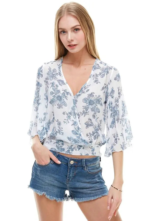 Long Sleeve Surplice Floral Top | Tie-Back Deep V Blouse | Indigo Arrowwood