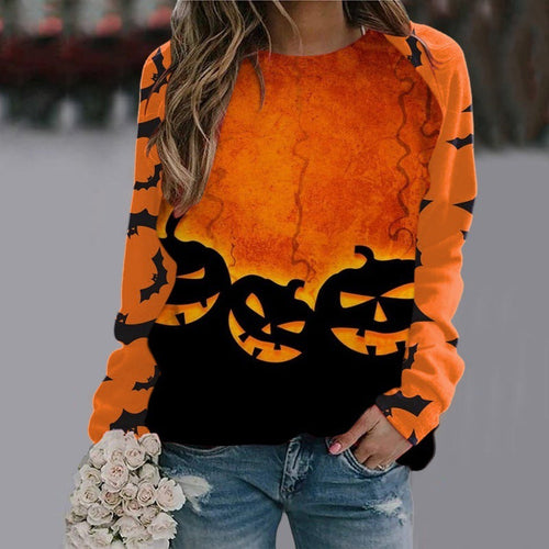Halloween Cartoon Print Sweatshirt Long Sleeve Pullover Tops Women | Crimson Medea