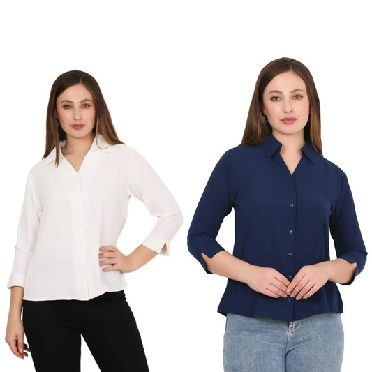 Women’s Solid Formal Shirt – Pack of 2 (White & Blue) | Classic Office Shirt | Viridian Tiger