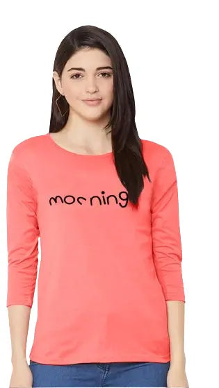 Women's Peach Round Neck 3/4 Sleeves Tshirt Size M | Soft & Stylish Casual Top | Orange Jason