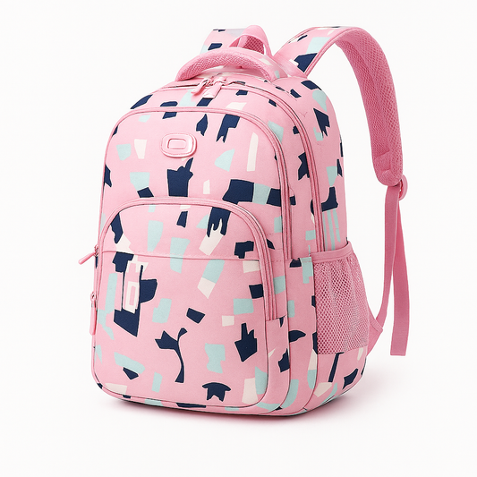 Stylish Pink Kids Backpack with Abstract Pattern and Side Mesh Pocket