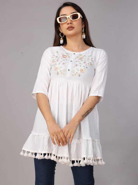 Women Embroidered Fit & Flare Rayon Tunic (Color White) (Size M)