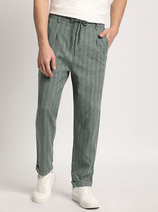 Men Green Vertical Striped Tapered Fit Casual Trouser