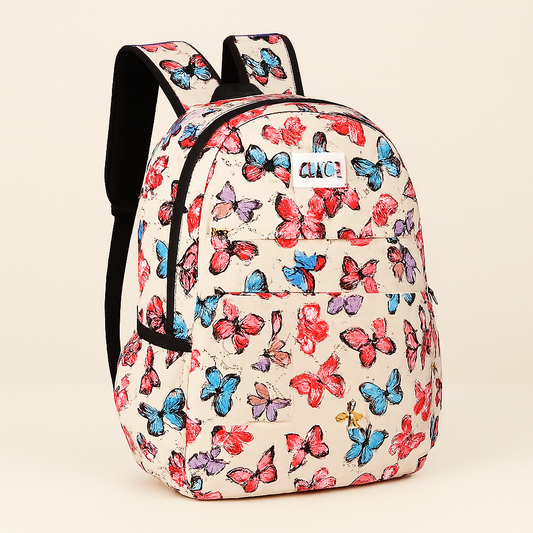 Cream Backpack with Colorful Hand-Drawn Butterfly Print