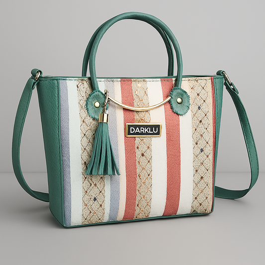 Green Striped Tote Bag with Tassel Detail