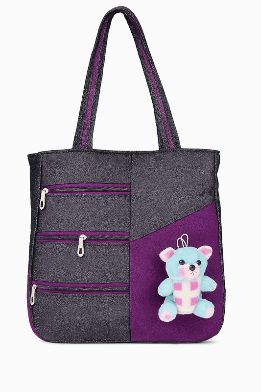 Cute Teddy Design Tote Bag with Purple Zipper Pockets