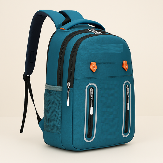 Teal Blue School Backpack with Dual Front Zippers and Orange Accents