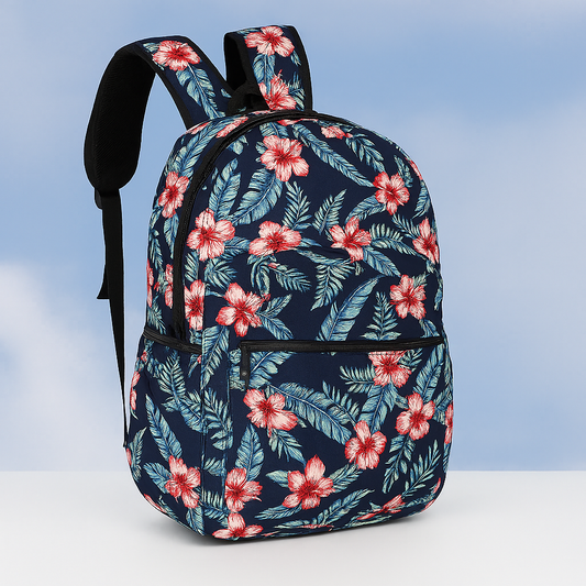 Vibrant Floral Navy Blue Backpack with Tropical Hibiscus Print