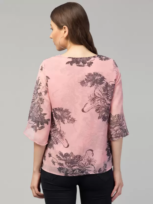 Casual Slit Sleeves Printed Women Pink Top (Size L)
